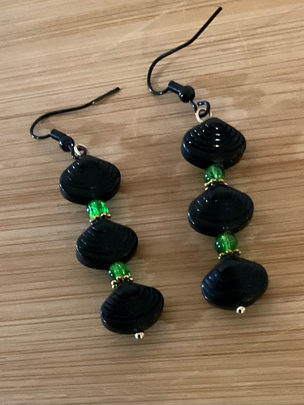 Hand Crafted Black and Green Beaded Dangle Earrings